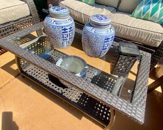 Woven patio set 2 chairs, loveseat and glass top coffee table