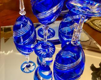 Lot of 6 Vintage Cristal J. G. Durand Arabella Blue Glasses Goblets 5 3/4"