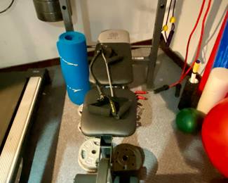 Golds weight bench, foam rollers, medicine balls