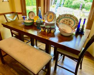 High top table with two leaves, 4 chairs and bench