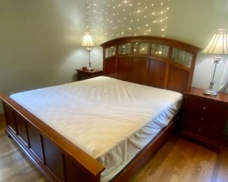 Stanley bedroom set, King size bed, mattress, box springs, two night stands and dresser and mirro