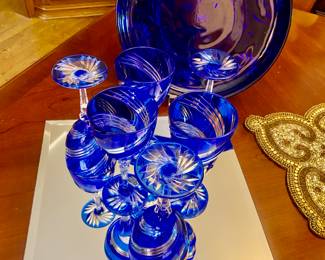 Lot of 6 Vintage Cristal J. G. Durand Arabella Blue Glasses Goblets 5 3/4"