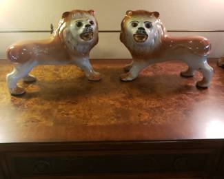 Pair of antique English Staffordshire lion figurines