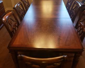 LEIGHTON HALL DINING TABLE W 10 CHAIRS...shown w 2 leaves. 