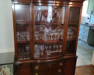 White furniture co. Mahogany breakfront, dining room table, 4 poster bed, dresser with mirror, chest of drawers, chairs, hall table, etc.