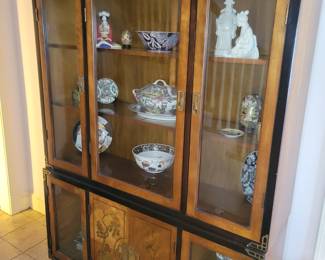 Asian influenced ( Henrendon) breakfront with Asian pottery, porcelain, etc.
