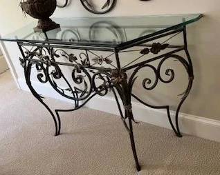 Maitland Smith wrought iron and beveled tempered glass side/sofa table