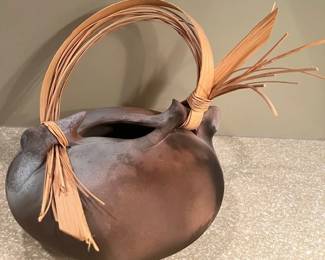 Jan Jacque ceramic earthenware pot with rattan detail