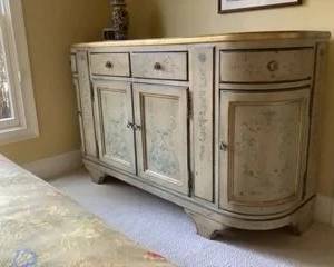 Vintage Century Tuscan hand painted cabinet, gold hand painted trim along top edge, gentle pastoral scene. Curved side cabinets and drawers on both sides.