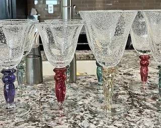 "Bubble" heavy blown glass wine and spirits glass set, colored stem; 12 pcs. total.