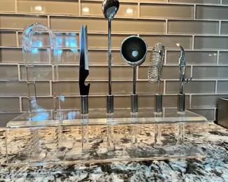 Bar toolset in clear acrylic holder; ice tongs match the acrylic