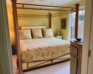 Metal "bamboo look" painted king canopy bed. All linens included and mattress (which is basically new)