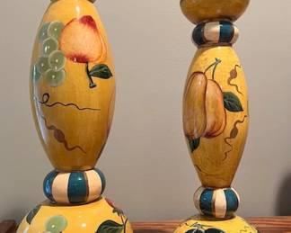 Tracy Porter Stonehouse Farm hand painted glazed wood candlesticks