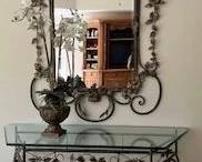 Maitland Smith table with matching mirror (can be sold together or separately). Floral on table also for sale