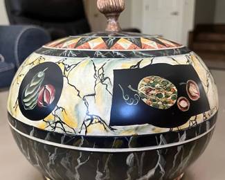 Vintage hand painted wood round box with bronze paint top and chain inside