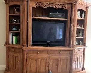 Large entertainment/storage/barware cabinet, 3 pieces - 2 corner side pieces and center piece (tops come off for easier transport and assembly)