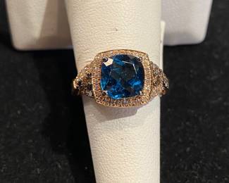 LeVian 14kt rose gold "Deep Sea Blue Topaz" white and chocolate diamonds.