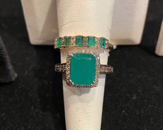 TOP: LeVian 14kt rose gold emerald baguette ring with white and chocolate diamonds. Bottom: LeVian 14kt 7.75 rectangular emerald, white and chocolate diamond diamonds.