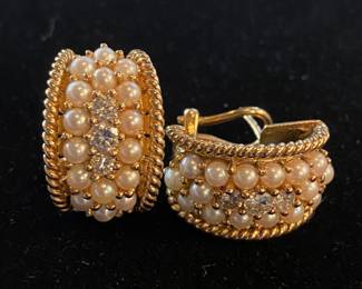 Diamond and pearl earrings french clip, pierced