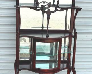 Etagere Curved Glass Curio Cabinet with glass shelf mirror back