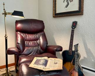 Leather chair, musical instruments