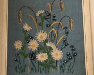 Framed Embroidered Crewel Daisies Artwork
