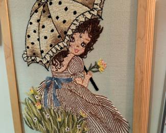 Framed "Girl with Umbrella" Embroidery