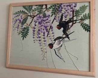 Framed "Wisteria and Birds" Embroidery