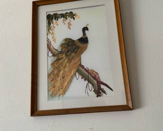 Framed Wheat Stalk on Silk Peacock Artwork