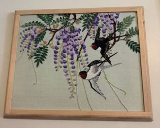 Framed "Wisteria and Birds" Embroidery