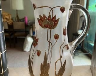 Gold Foil Frosted Glass Pitcher with Lotus Design