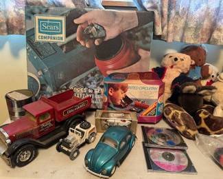 Sears Companion Rock Tumbler 861-14156, 1990 Steel Nylint Classics Coal & Gravel Co. Dump Truck, 1960's Remco Mighty Mike Toy Jeep, 1960's Tonka Steel Volkswagen Beetle Toy Car, 1960’s Remco Printed Circuitry Set