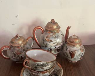 Japanese Kutani Eggshell China Tea Set - Pair of Teacup & Saucers, Teapot, Sugar & Creamer