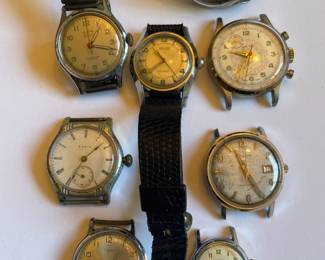 Delbana 17 Jewels Men's Manual Windup Wristwatch, 1900's Elgin Men's Manual Windup Wristwatch, 1973 Timex Sprite Calendar Water Resistant Men's Wristwatch, 1950's Gruen 17Jewels Men's Automatic Wristwatch, Tissot Automatic Men's Wristwatch, Rego Chronograph Windup Men's Wristwatch, Bulova Men's Self-winding SS Watch