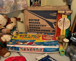 Estes Model Rockets Kit, 1964 Kenner Give A Show Projector, Comet Lightning Model Airplane Kit - BALSA P-38