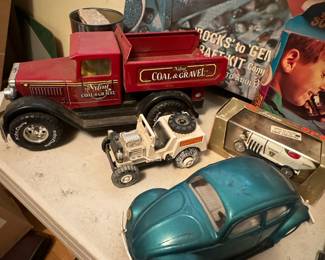 1990 Steel Nylint Classics Coal & Gravel Co. Dump Truck, 1960's Remco Mighty Mike Toy Jeep, 1960's Tonka Steel Volkswagen Beetle Toy Car