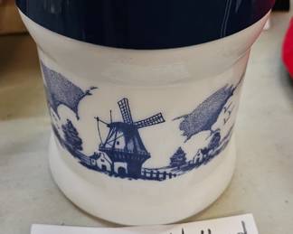 VINTAGE HOLLAND DELFT BLUE & WHITE BLUE MILK GLASS CANISTER WITH LID