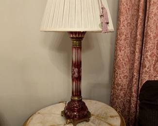 Cranberry cut to clear glass table lamp