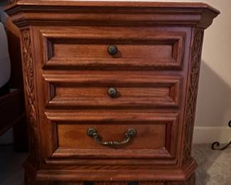 Ashley Furniture Signature Series Oak Pair of Night Stands, 27" w x 18" d x 28" h, $125.  Master Bedroom Suite 5-Piece Set, $800.  Mattress sold separately.