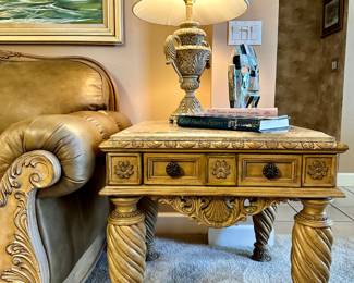 Ashley Furniture Millennium Marble Top End Table, 28"w x 28" d x 26.5" h, $150 Complete 4-Piece Set, $950