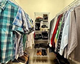 Men’s Button Downs, Suits, Sweaters, and Slacks. Size L & XL, Pants 38 W x 30 L. Most clothing items were pulled out of dry cleaning bags. Nice and pressed!