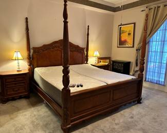 Ashley Furniture Signature Series Oak Four Poster King Size Bed, 49"w x 49" d x 83" h, $325.  Master Bedroom Suite 5-Piece Set, $800.  Mattress has been sold.
