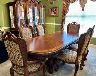 AICO Michael Amini Tresor Signature Series Dining Set, $2,795
Dining Table & 6 Chairs, 102" w x 46" d x 30.5"h (includes two leaves)
