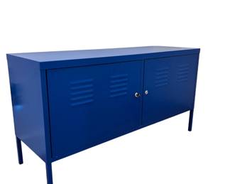 $85 USD     IKEA PS Blue Locker Metal Cabinet Table/Bench JB240-15    A lightweight, durable cabinet in blue metal that fits almost anywhere – in the living room or a home office. Tall legs make cleaning easier, and behind the lockable doors you can store what you hold dear.
Dimensions: 46.5 x 16 x 25"H 
Condition: Used in very good condition commensurate with age and use. 
Local pick up Lake Oswego, OR 97035.  Shipping suggestions available upon request.      https://goodbyhello.com/products/set-of-2-blue-white-swivel-chairs-240-14-copy?_pos=5&_sid=9845e4c55&_ss=r