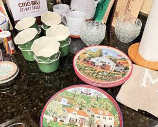 Cookbooks, collectors plates, custard cups, small glass bowls