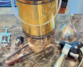 Vintage Gold Georges Briard Ice Bucket, Royal Selanger Pewter Wine Funnel, Lever Corkscrew