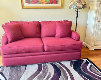 La Z Boy sleeper sofa, Modern Rug, Large Print Gold Framed picture, Floor Lamp