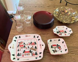 Mason's Ironstone "Christmas Village", Goofus Glass Glass Bowl, Ruby Red Glass Plates,  3 Corning Pyrex UnCandle