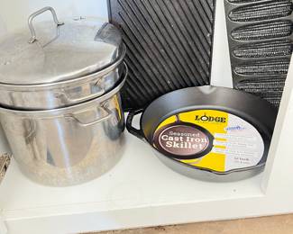 Lodge Cast Iron New Skillet, Lodge Cast Iron Perch Fish Pan(Discontinued), Lodge Corn Bread Pan, Lodge Griddle, Large Steamer Pot!