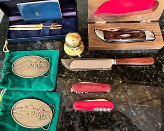 Caran D' Ache Swiss Made Gold Pen Pencil Set with Case, Andes Belt Buckles, Case Knife in Case, Brass Decision Maker, George Ibberson & Co. Sheffield England Knife